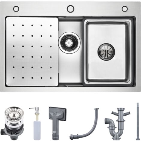 Cecipa Évier 1 Bac avec Egouttoir + Vasque + Distributeur de Savon Gratuit,  70×45 CM Évier Cuisine Inox Argent