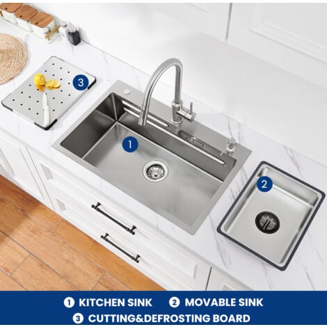 Cecipa Évier 1 Bac avec Egouttoir + Vasque + Distributeur de Savon Gratuit,  70×45 CM Évier Cuisine Inox Argent