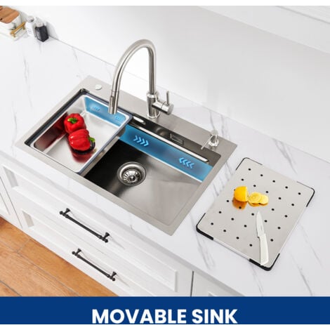 Cecipa Évier 1 Bac avec Egouttoir + Vasque + Distributeur de Savon Gratuit,  70×45 CM Évier Cuisine Inox Argent