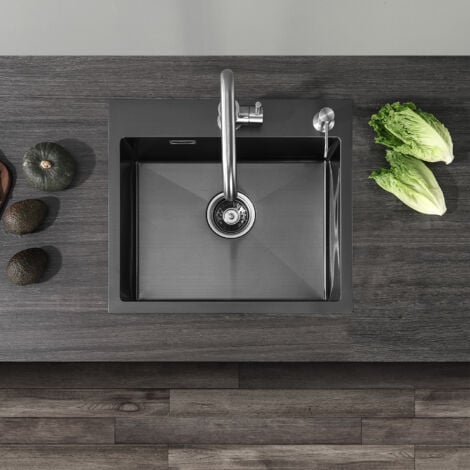 CECIPA Anthracite Evier Cuisine 1 Bac Évier Inox 1 Cuve avec Siphon et Trop-Plein Évier de Cuisine en Couleur Noir 50×45×18.5CM (Sans Distributeur de Savon)
