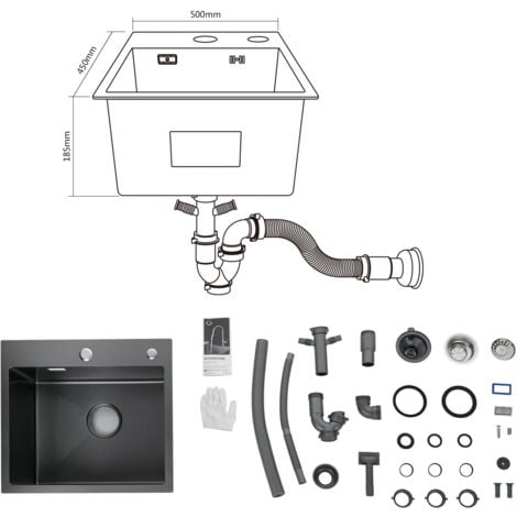 CECIPA Anthracite Evier Cuisine 1 Bac Évier Inox 1 Cuve avec Siphon et Trop-Plein Évier de Cuisine en Couleur Noir 50×45×18.5CM (Sans Distributeur de Savon)