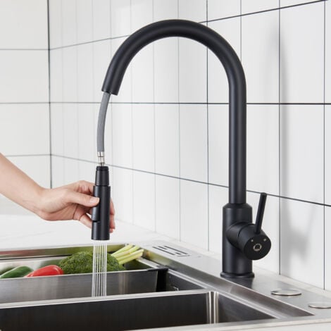 Cecipa Mitigeur de Cuisine avec Douchette Extractible - Noir - Rotatif à 360 ° en Acier Inoxydable Mitigeur Cuisine d'Évier - 2 Modes de Sortie D'eau