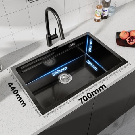 Cecipa Évier de Cuisine 1 Bac 70x44x21cm, Évier avec Egouttoir et Vasque, Évier à Encastrer en Acier Inoxydable 201 pour Cuisine, Noir
