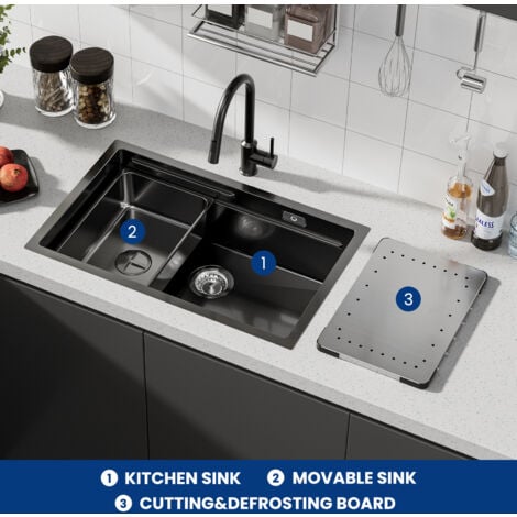 Cecipa Évier de Cuisine 1 Bac 70x44x21cm, Évier avec Egouttoir et Vasque, Évier à Encastrer en Acier Inoxydable 201 pour Cuisine, Noir