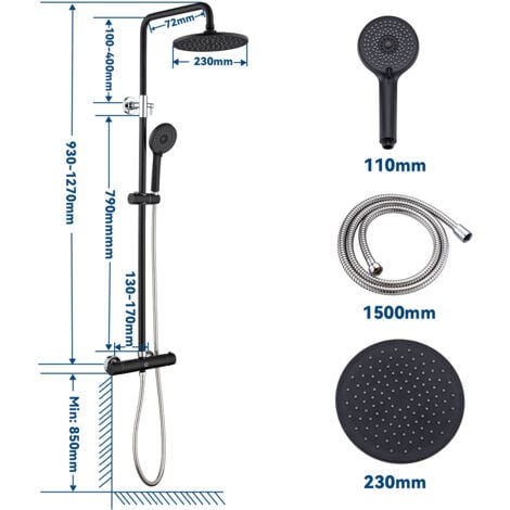 CECIPA Système de douche  Set de douche thermostatique avec douchette 4 fonctions Colonne de Douche Hauteur Réglable Mitigeur Douche thermostatique  Ensemble de Douche Noir
