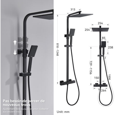 Système De Douche à Effet Pluie Avec Robinet Thermostatique Et Support
