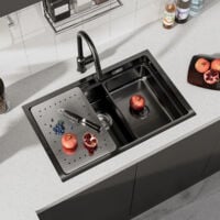 CECIPA Évier 1 Bac 70x44x21CM Noir Évier Cuisine Évier à Encastrer en Acier Inoxydable Évier Cuisine avec Egouttoir et Vasque