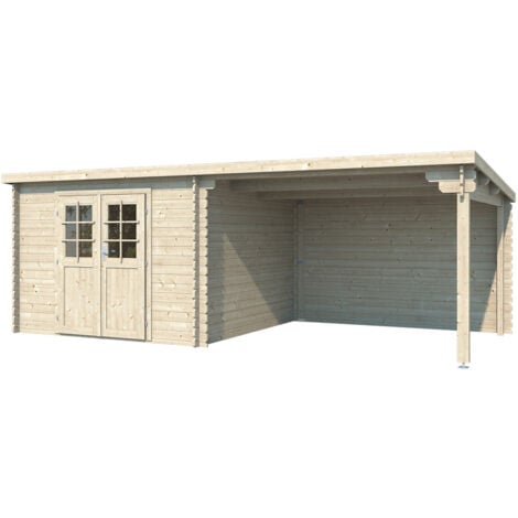 Abri de jardin, rangement a outils. Structure en madriers emboites de 28 m/m. 320x600 cm, double porte 1/2 vitree, avec auvent lateral, toiture mono pente roofing