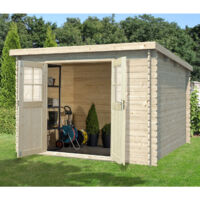Abri de jardin en épicéa 9m² – Structure en madriers emboîtés 28mm – Double porte demi-vitrée – Toiture voliges 18mm avec feutre bitume – Eden Partenaire Jardin