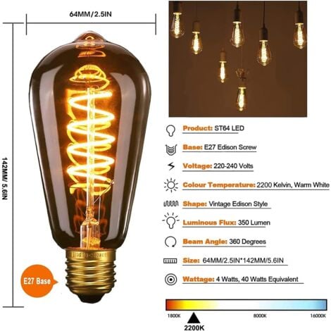 Set mit 3 LED-Glühbirnen ST64 E27, 4 W, flexibel, spiralförmig gebogen, dekorativ, Antik-Warmweiß 2200 K, entspricht 40 W