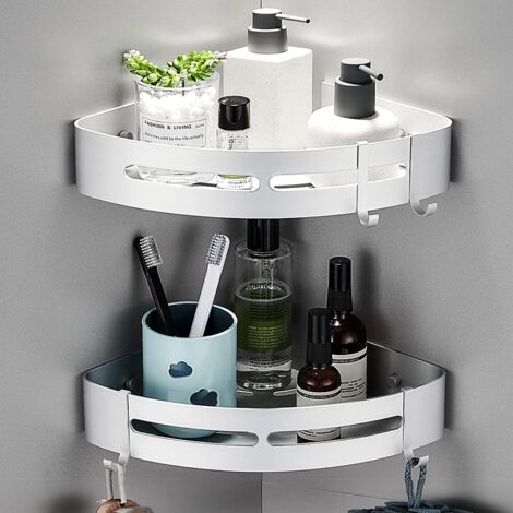 No-Drill Bathroom Corner Shelves with Removable Hooks Aluminum Adhesive ...