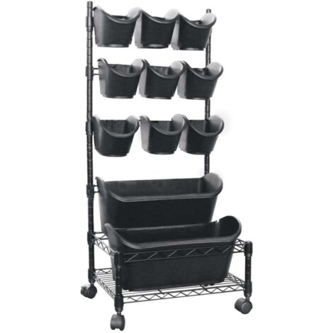 Nature – Ensemble mobile de jardin vertical 11 pots – 9 carrés 0,9 L et 2 grands 5,4 L – Cadre en métal sur roulettes – Dimensions 44x32,5x97 cm (1/4)