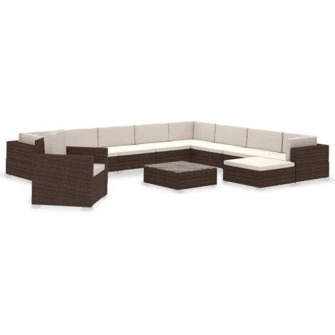 Vidaxl – Salon de jardin 12 pcs – Résine tressée marron – 1 table basse en verre – 3 canapés d'angle – 5 sièges sans accoudoirs – 11 coussins