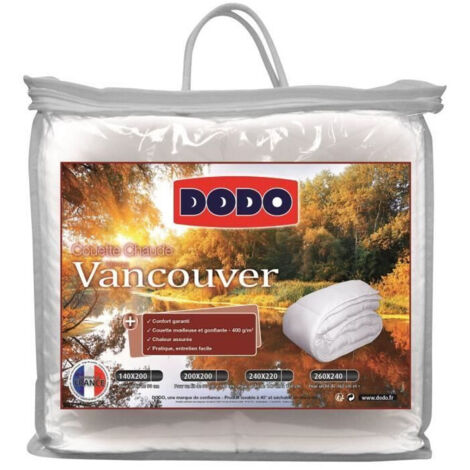 Dodo – Couette chaude 200x200 cm 400 gr/m² – Garnissage fibres creuses 100% polyester – Lavable à 40° – Finition biais blanche