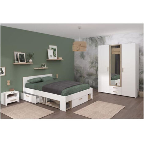 Chambre complète 140x200 cm blanc et chêne – Lit avec 3 tiroirs et 2 niches – Armoire 3 portes avec miroir – Chevets avec rangement – Parisot