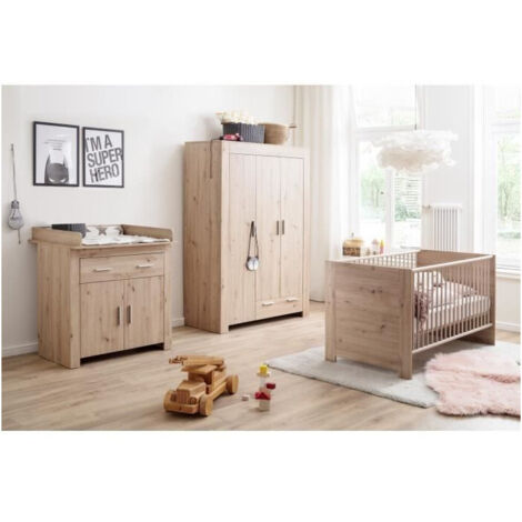 Chambre bébé complète avec lit 70 x 140 cm – Commode à langer et armoire – Panneaux de particules mélaminés chêne antique – Trendteam