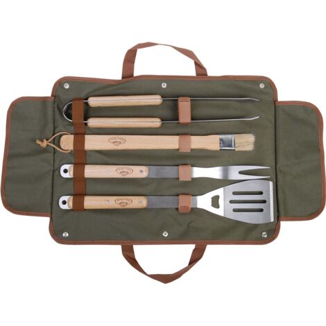Esschert Design – Mallette barbecue 4 ustensiles en acier inoxydable avec manches en bois de frêne – Compacte et transportable – Pour grillades en extérieur (1/10)
