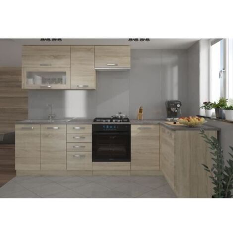 Cuisine complète LASSEN chêne sonoma 240x165 cm – Meuble pour four et hotte inclus – Panneaux de particules 16 mm – Angle réversible