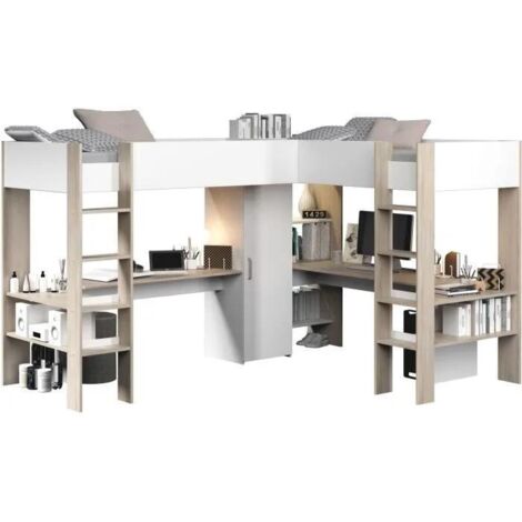 Lit mezzanine blanc et naturel 90 x 200 cm – Optimise l'espace – Panneaux de particules – Hauteur 180 cm – Bureau intégré et rangement – Parisot