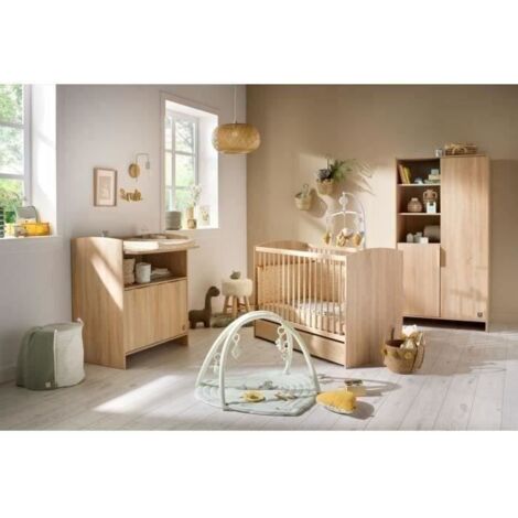 Chambre bébé complète Trio Azur – Mobilier en chêne doré – Lit 120x60 cm, commode 3 tiroirs, armoire 2 portes – Design élégant et sûr – Sauthon