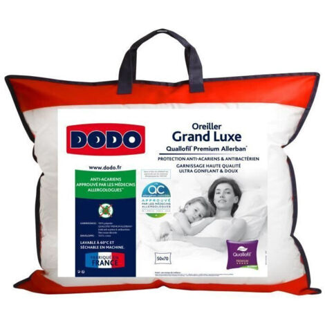 Dodo – Oreiller grand luxe 50x70cm – Garnissage Quallofil 100% polyester – Housse coton anti-acariens – Lavable à 60°C (1/9)