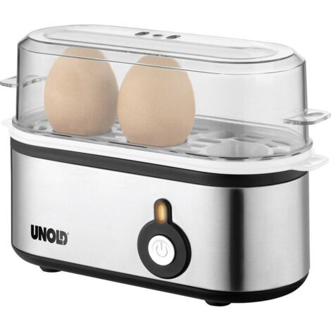 Mini cuiseur à œufs inox 3 œufs – Signal sonore – Insert avec poignée – 210W – Compact et facile à nettoyer – Unold