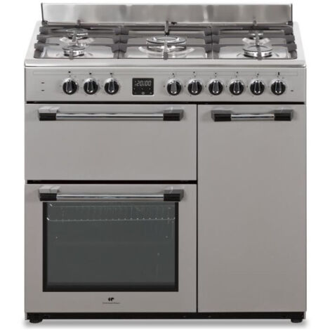 Continental Edison – Gazinière piano 3 fours électriques 5 feux – Inox – Largeur 90 cm – Type chaleur convection – Nettoyage facile – Énergie gaz