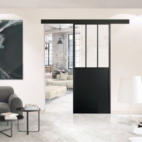 Optimum – Kit porte coulissante Atelier – Rail et bandeau inclus – Dimensions H.204xL.83xP.4 cm – Verre transparent noir pour cloison verrière (1/6)