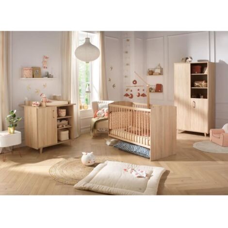Chambre bébé complète – Mobilier en panneaux mélaminés chêne doré – Lit évolutif 120x60 cm avec sommier réglable – Commode avec plan à langer – Sauthon