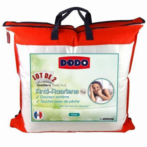 Dodo – Lot de 2 oreillers anti-acariens 60x60 cm – Enveloppe 100% polyester – Garnissage fibre creuse siliconée – Confort moelleux