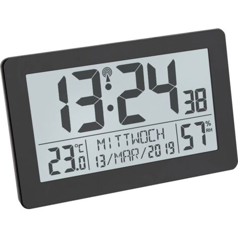 Horloge radiopilotée numérique 20.6 cm x 13 cm – Grand écran – Alarme réglable – Température et humidité affichées – Tfa Dostmann