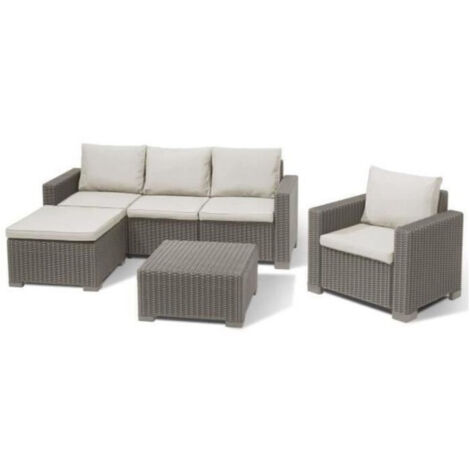 Allibert – Salon de jardin moderne en résine imitation rotin tressé – 5 places avec coussins ergonomiques – Dimensions canapé 199x68x70 cm (1/5)