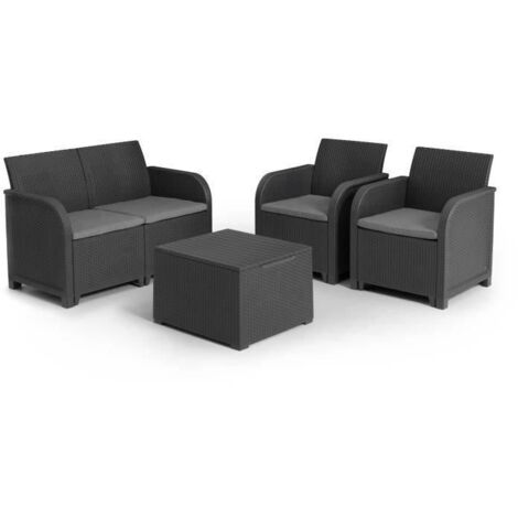 Les Tendances – Salon de jardin moderne en résine injectée gris foncé – 4 places – Banquette 2 places, 2 fauteuils, table basse avec coffre – Confort optimal (1/5)