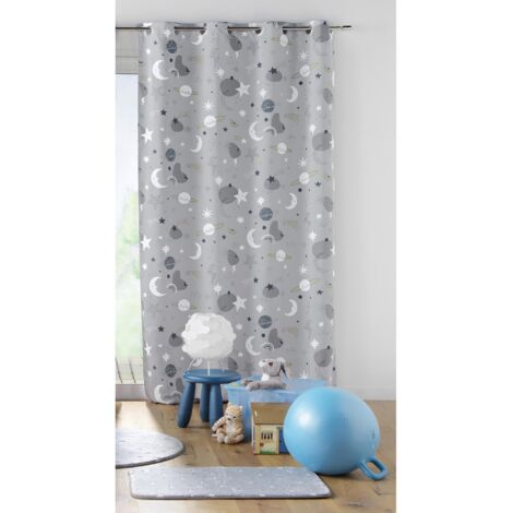 Douceur D'Intérieur – Rideau enfant occultant 140 x 260 cm – Polyester gris clair – Œillets en métal – Imprimé lune et étoiles pour chambre