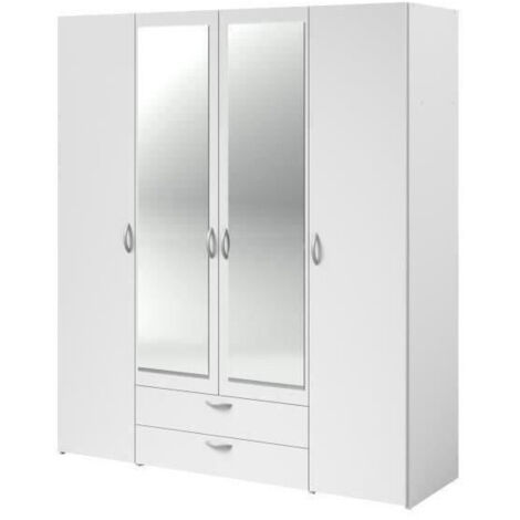 Les Tendances – Armoire 4 portes battantes décor blanc – 2 miroirs et 2 tiroirs – Dimensions L 160 x H 185 x P 51 cm – Aménagement intérieur optimisé