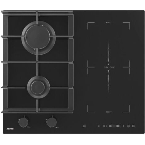 Plaque de cuisson à induction et gaz 4 foyers – Vitrocéramique avec grille en fonte – Commandes tactiles et rotatives – Sécurité enfant – MPM