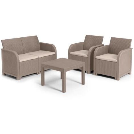 Allibert – Salon de jardin beige 4 places avec coussins – Résine injectée imitation rotin – Dossiers ergonomiques pour confort extérieur (1/5)