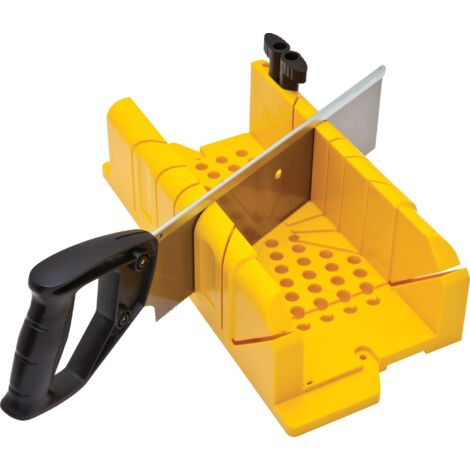 Stanley – Boîte à onglet plastique – Scie à dos 300 mm – 4 angles de coupe 90°/45°/22.5°/inclinée 45° – Plateau alvéolé pour blocage pièces