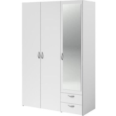 Armoire blanche 120x185 cm avec miroir – 3 portes battantes – 2 tiroirs – Panneaux de particules – Design moderne – Parisot (1/5)