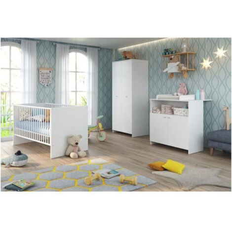 Les Tendances – Ensemble chambre bébé complet blanc – Armoire 2 portes – Lit 70x140 cm avec sommier réglable – Commode avec plan à langer