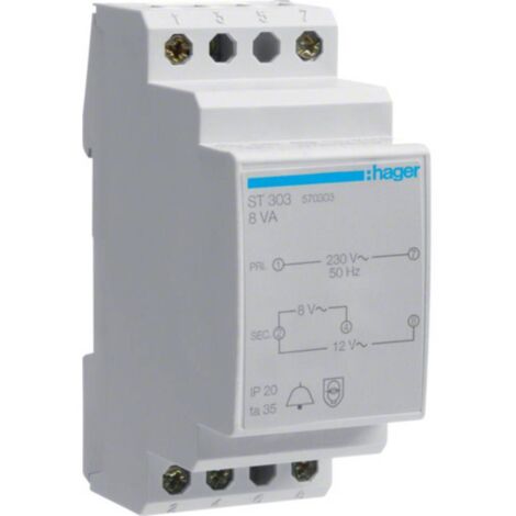 Hager – Transformateur pour tableau électrique 8VA – Tension 8V/12V – Protection IP20 – Installation facile pour systèmes de sonnerie