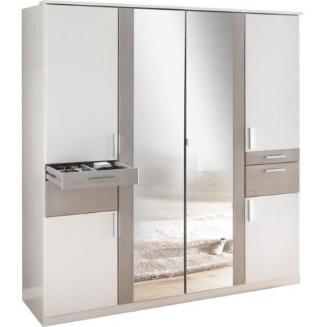 Armoire blanche 180 cm – 6 portes battantes dont 2 miroirs – 4 tiroirs – Design contemporain – Accents en béton gris clair – Wimex (1/3)