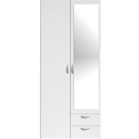 Armoire blanche avec miroir et tiroirs – Dimensions L 81 x H 185,5 x P 51,5 cm – Panneaux de particules décor blanc – 2 portes battantes – Parisot (1/5)