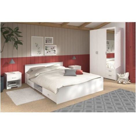 Chambre complète adulte ZODIAC – Lit 140x190 avec 2 tiroirs – Armoire 3 portes avec miroir et 2 tiroirs – 2 chevets – Décor blanc – Parisot