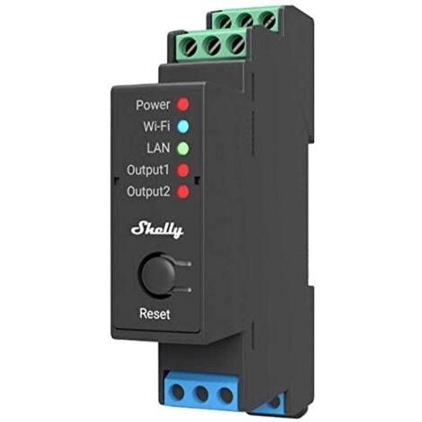 Commutateur relais 2 canaux 110-240V – Courant 16A par canal – Installation sur rail DIN – Compatible Alexa et Google Home – Shelly