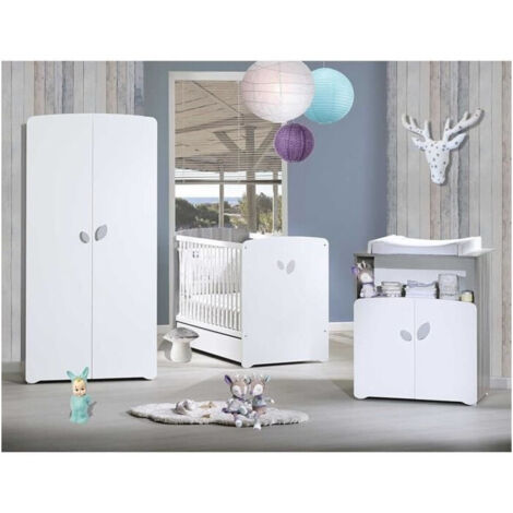 Chambre bébé complète 120x60 – Commode à langer et armoire – Collection nature et tendance – Blanc – Baby Price