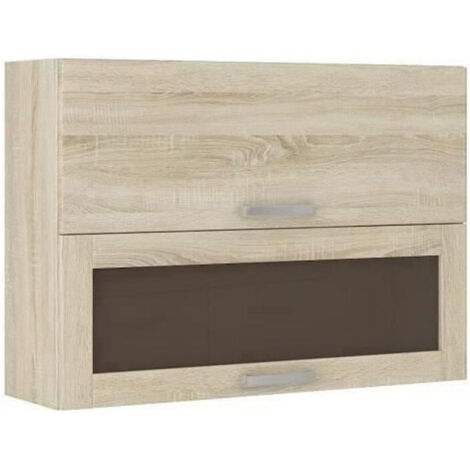 Meuble haut vitré 2 portes basculantes – L 80 x P 31,6 x H 72 – Décor chêne sonoma – Élément haut de cuisine
