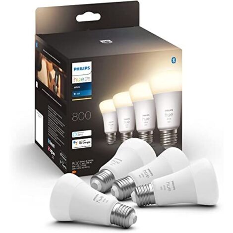 Philips Hue White, ampoule LED connectée E27, équivalent 60W, 800 lumen, compatible Bluetooth, Pack de 4, fonctionne avec Alexa, Google Assistant et Apple Homekit (1/6)