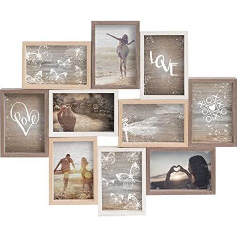 Cadre photo collage multicolore en bois – 10 emplacements pour photos 10x15 cm – Vitrage acrylique 2 mm – Support mural en métal (1/5)