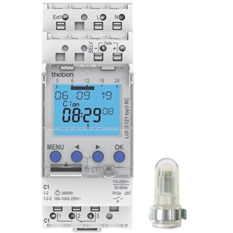 Theben – Interrupteur crépusculaire numérique 230V – Capteur de lumière IP55 – Programmation hebdomadaire – Charge max 3600W – Montage mural ou rail DIN - Q368372